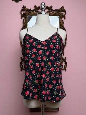 Vintage 90s Black White Pink Polka Dot Floral Rose Pattern Cami Camisole Large